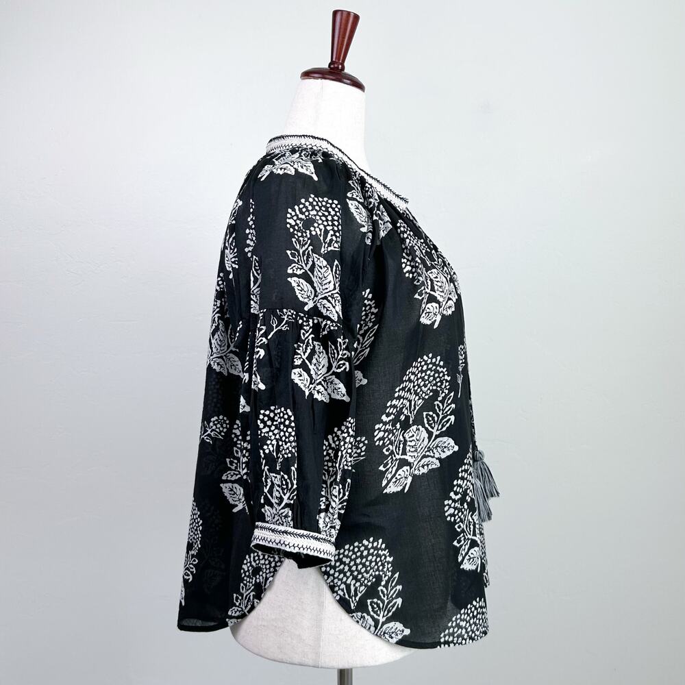 Alamwar India XL Black Floral Block Prink Bohemian Tassel Tie Cotton Blouse NWT - Picture 7 of 12